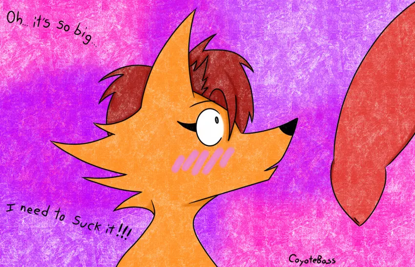 Image blush,female,open_mouth,simple_background,solo,male,nude,penis,red_hair,big_penis,uncensored,duo,erection,digital_media_(artwork),hair,male/female,anthro,text,red_penis,excited,looking_pleasured,canid,canine,canis,fur,genitals,mammal,looking_at_penis,orange_body,black_nose,tuft,orange_fur,purple_background,penis_awe,pink_background,coyote,size_talk,looking_at_genitalia,ear_tuft,coyotebass,xanny_(coyotebass)