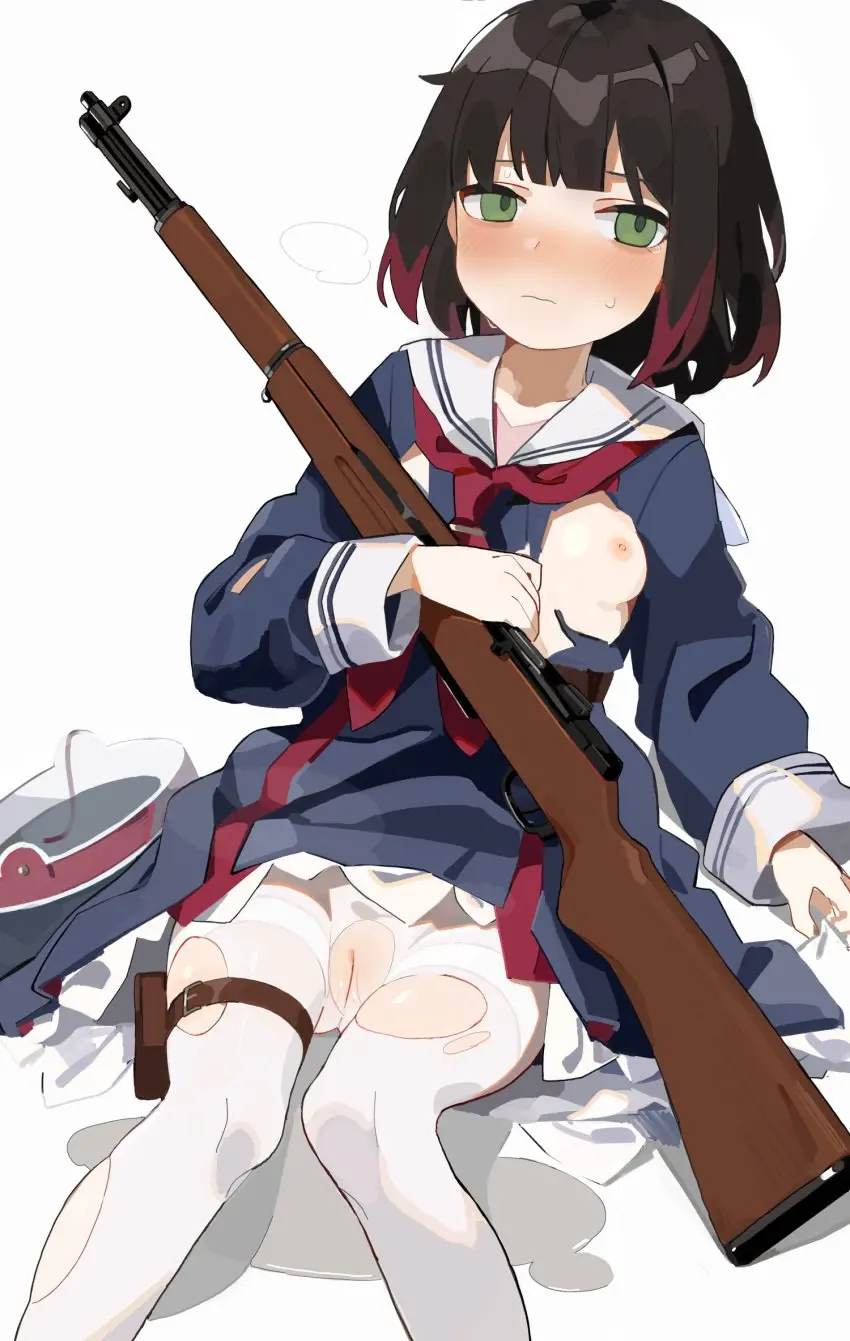 Image blush,breasts,cowboy_shot,female,highres,nipples,solo,pussy,sweat,small_breasts,multicolored_hair,embarrassed,green_eyes,dress,closed_mouth,torn_clothes,girls'_frontline,military_uniform,weapon,commission,uniform,pixiv_commission,one_breast_out,pantyhose,torn_pantyhose,cleft_of_venus,floral_print,blue_dress,bob_cut,armband,gun,neckerchief,red_neckerchief,sailor_collar,white_pantyhose,cherry_blossom_print,type_4_(girls'_frontline),yuki_hotaru
