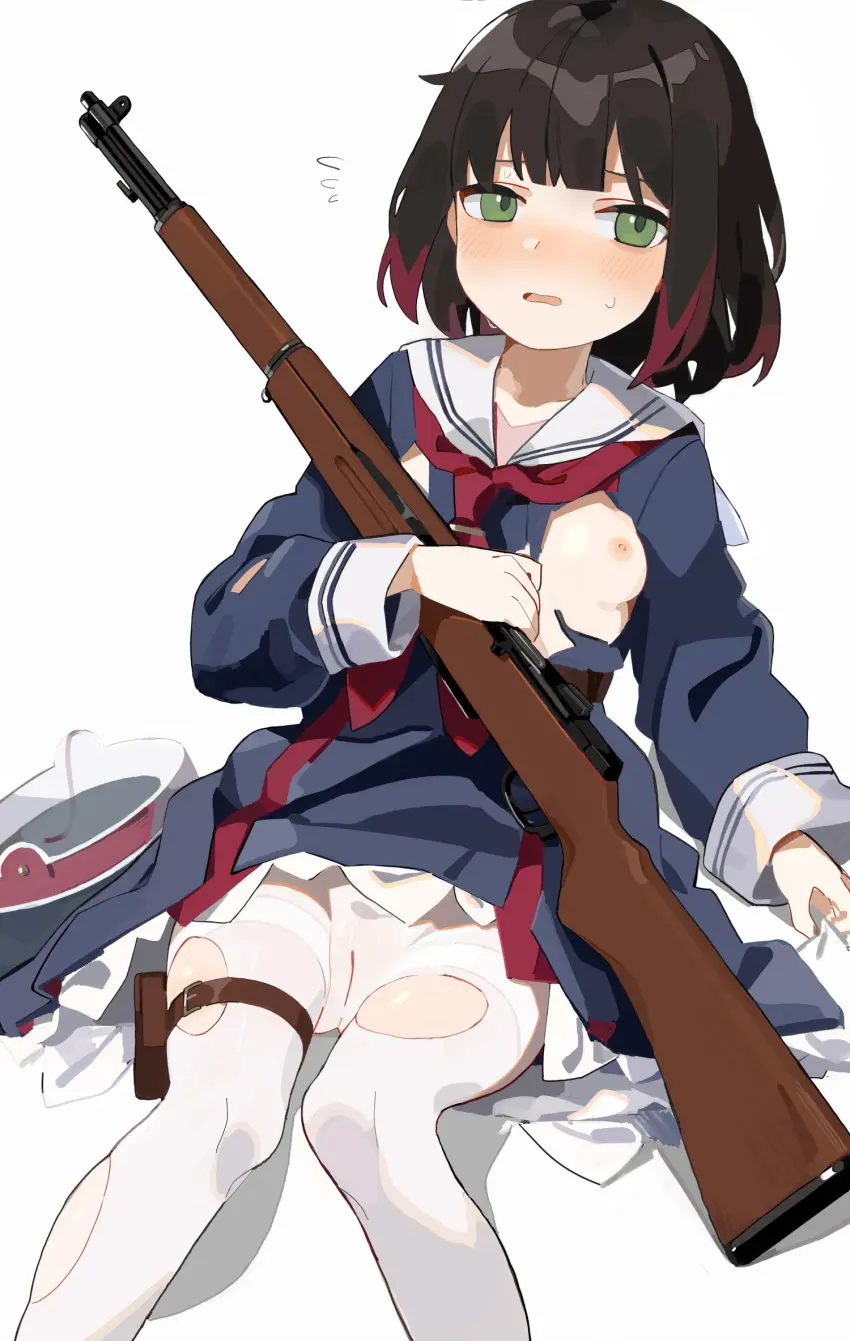 Image blush,breasts,cowboy_shot,female,highres,nipples,open_mouth,solo,sweat,small_breasts,multicolored_hair,green_eyes,dress,cameltoe,torn_clothes,girls'_frontline,military_uniform,weapon,commission,uniform,pixiv_commission,one_breast_out,pantyhose,torn_pantyhose,floral_print,blue_dress,bob_cut,armband,gun,neckerchief,red_neckerchief,sailor_collar,white_pantyhose,cherry_blossom_print,type_4_(girls'_frontline),yuki_hotaru