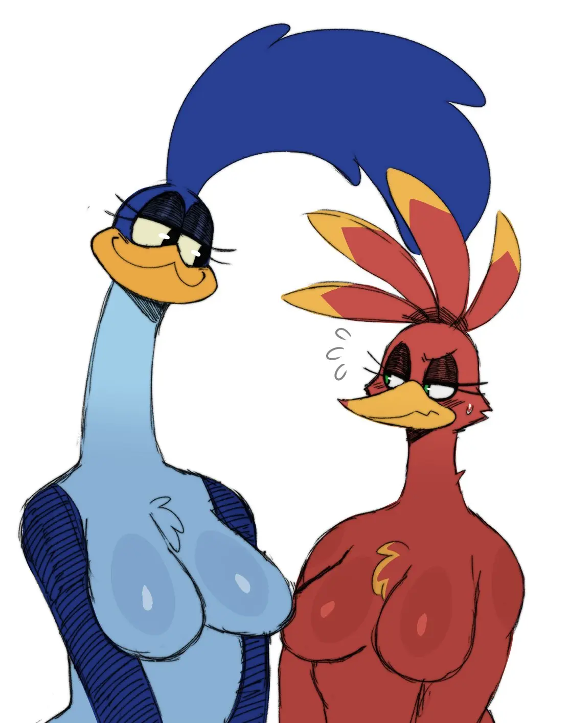 Image breasts,female,female_only,hi_res,looking_at_viewer,simple_background,smile,solo,2girls,sweat,furry,female_focus,smiling,smiling_at_viewer,eyelashes,solo_female,solo_focus,hair,feathers,anthro,furry_female,2d,tagme,green_eyes,sweatdrop,black_eyes,looking_at_another,2d_(artwork),2024,blue_body,2d_artwork,avian,beak,bird,bird_girl,feather_hair,rule_63,red_body,looney_tunes,warner_brothers,blue_feathers,2024s,banjo-kazooie,red_feathers,yellow_beak,sssonic2,soft_feathers,avian_girl,kazooie,road_runner_(looney_tunes),roadrunner