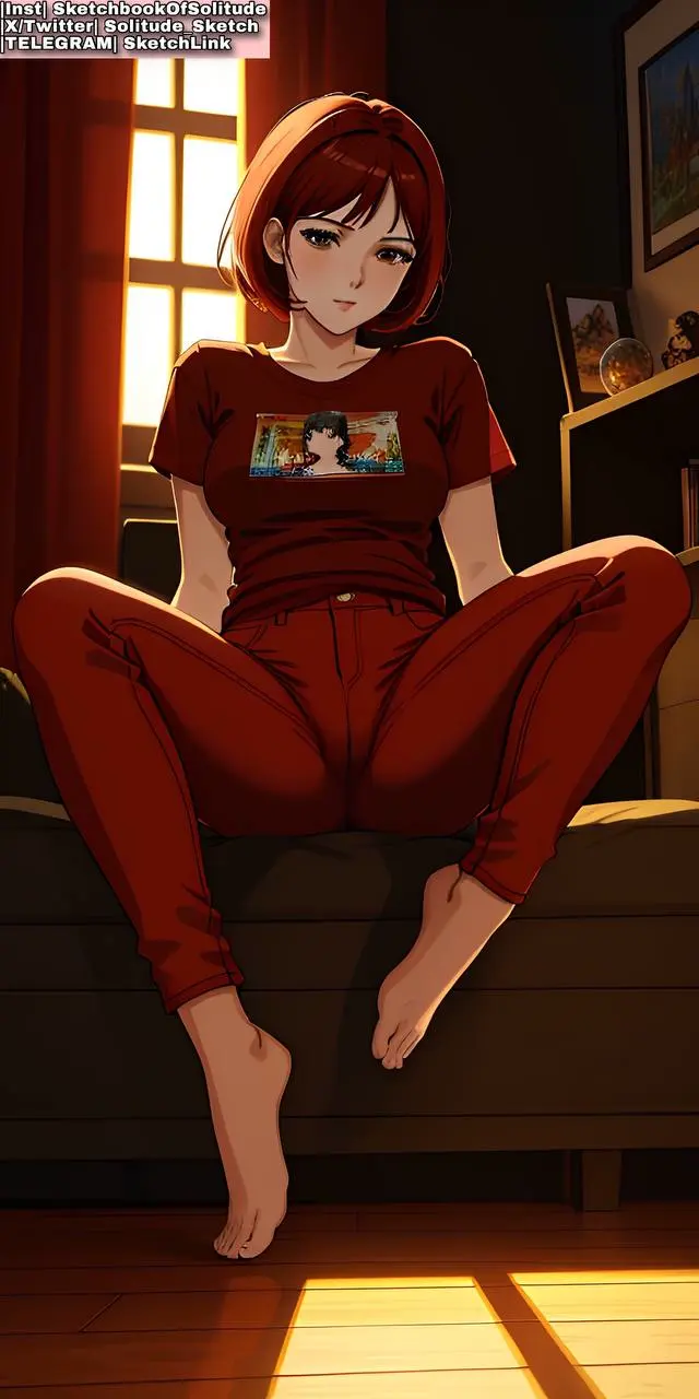 Image brown_eyes,female,female_only,pussy,red_hair,ai_generated,spread_legs,sitting,female_human,anime,red_clothing,anime_style,ai_hands,soli_sketch,red_clothes