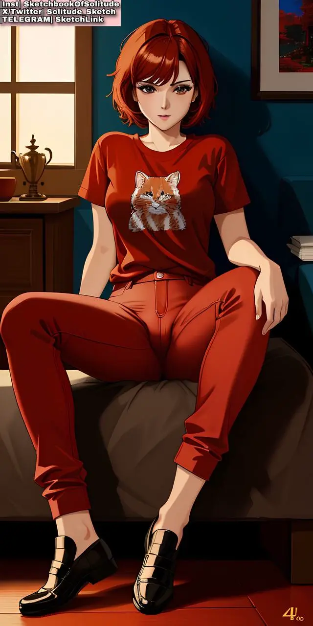 Image brown_eyes,female,female_only,pussy,red_hair,ai_generated,spread_legs,sitting,female_human,anime,red_clothing,anime_style,ai_hands,soli_sketch,red_clothes