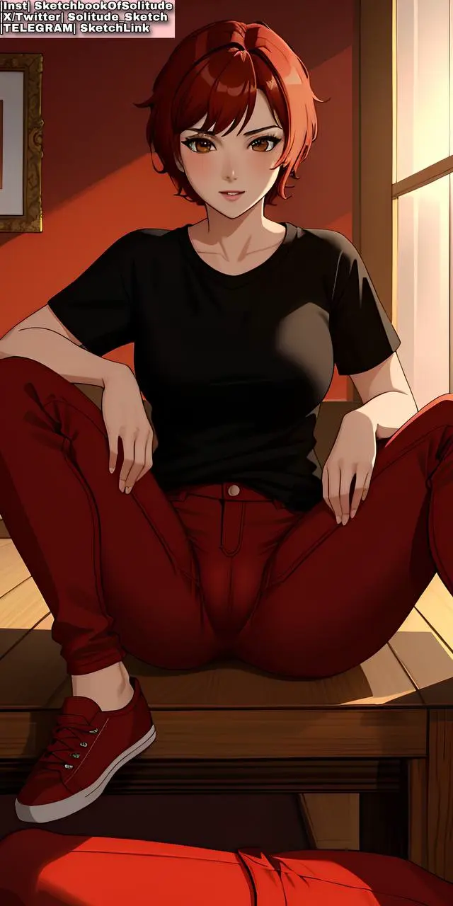 Image brown_eyes,female,female_only,pussy,red_hair,ai_generated,spread_legs,sitting,female_human,anime,red_clothing,anime_style,ai_hands,soli_sketch,red_clothes