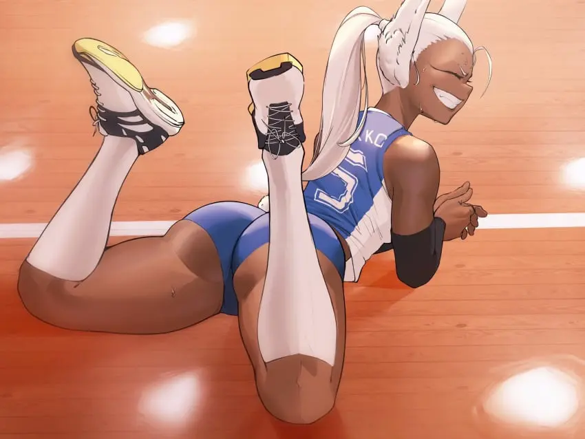 Image 1girls,female,smile,white_hair,ass,bubble_butt,ponytail,athletic,dark_skin,sportswear,grinning,my_hero_academia,closed_eyes,bunny_ears,bunny_girl,dark-skinned_female,boku_no_hero_academia,athletic_female,miruko,rumi_usagiyama,short_shorts,sneakers,kneehighs,laying_on_stomach,sports_uniform,gym_shorts,kneesocks,zukululuu,elbow_sleeve,feet_in_the_air