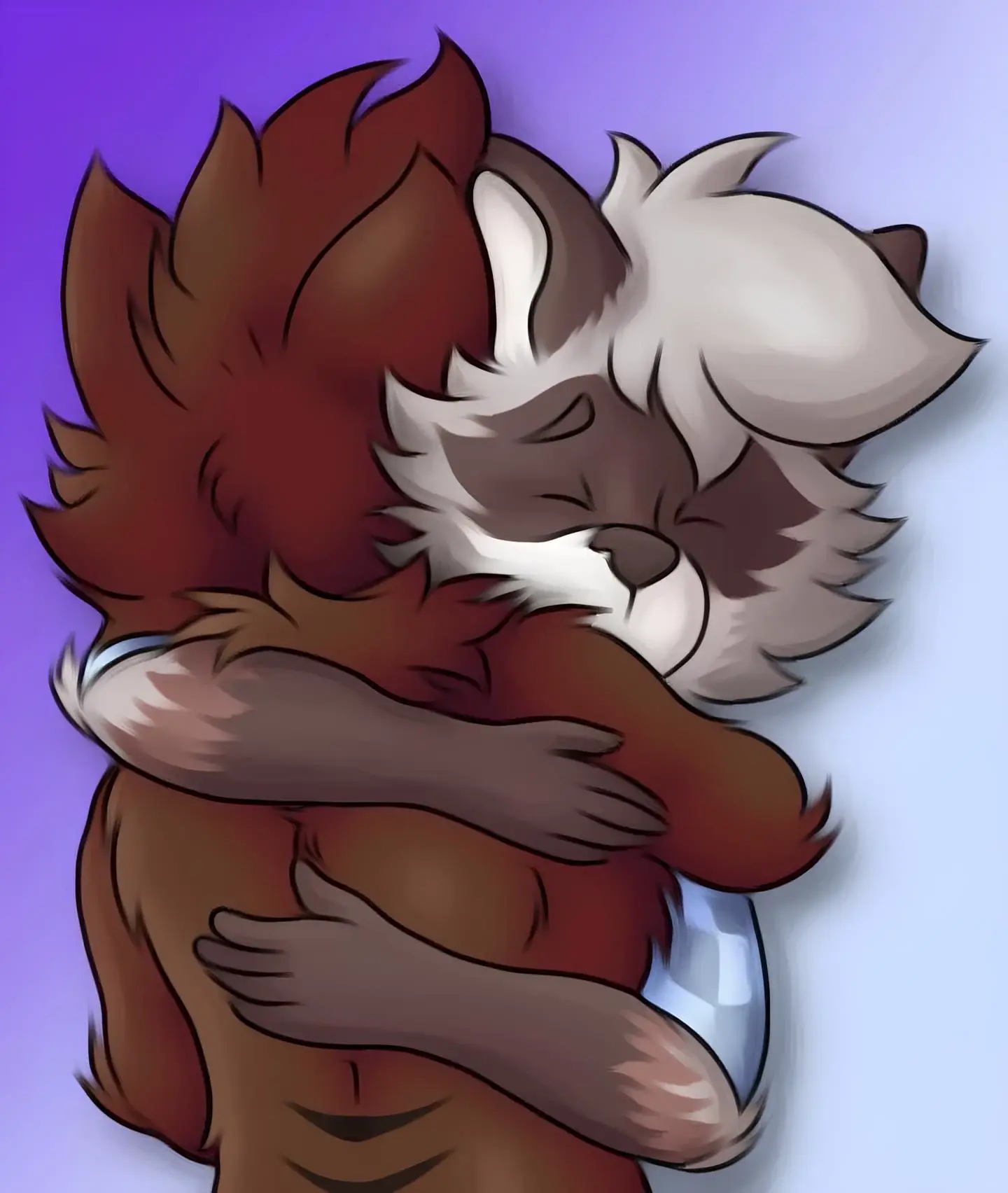 Image male,closed_eyes,grey_fur,mammal,back_view,raccoon,brown_fur,brown_body,procyonid,hug,head_tuft,neck_tuft,joaquin_quaty,rjquaty,duke_(duketeus),friends,blue_clothes