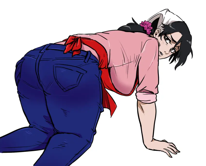 Image 1girls,big_breasts,breasts,female,hair_ornament,black_hair,ass,big_ass,looking_back,thick_thighs,ponytail,milf,embarrassed,solo_focus,brown_hair,apron,hanging_breasts,back_view,jeans,on_all_fours,fell_down
