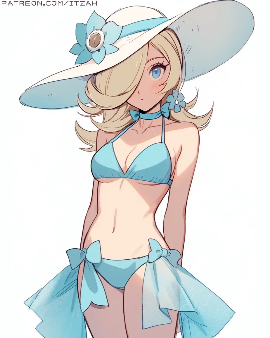 Image 1girls,bow,breasts,female,light-skinned_female,light_skin,blue_eyes,bikini,hair_over_one_eye,patreon_username,cleavage,blonde_hair,medium_breasts,mario_(series),nintendo,flower,blue_bikini,swimwear,sun_hat,princess_rosalina,itzah