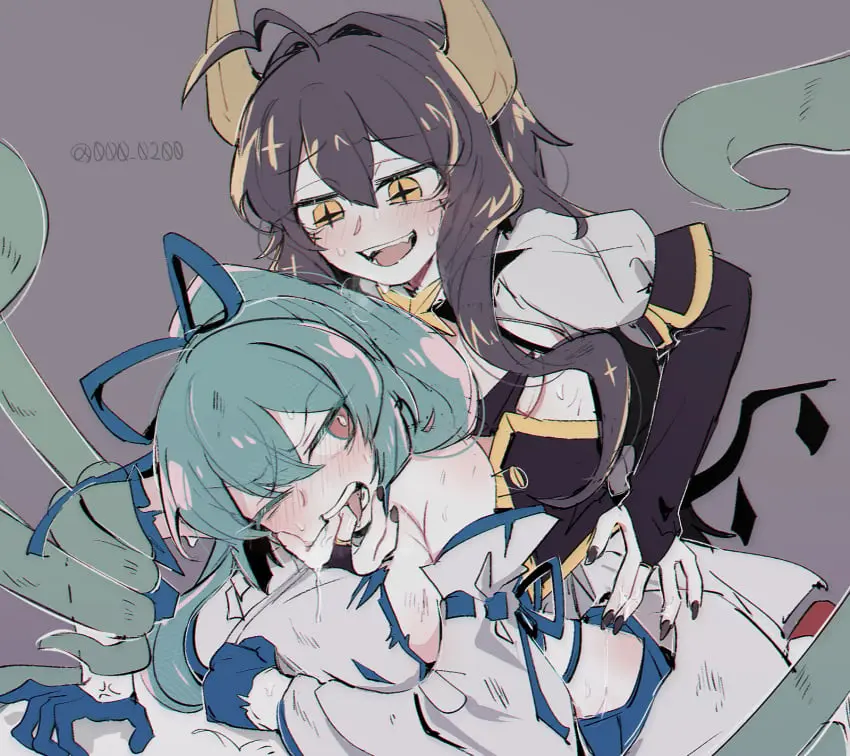 Image blush,breasts,female,highres,large_breasts,long_hair,open_mouth,red_eyes,shirt,smile,2girls,black_gloves,black_hair,blue_hair,elbow_gloves,gloves,multiple_girls,sweat,symbol-shaped_pupils,tongue_out,yellow_eyes,tongue,looking_back,ponytail,horns,jewelry,sideboob,teeth,one_eye_closed,nail_polish,pussy_juice,hair_ribbon,finger_in_mouth,detached_sleeves,ahoge,saliva,green_hair,restrained,tentacle,skirt,looking_at_another,yuri,blue_ribbon,ribbon,white_shirt,hair_intakes,sleeveless,sleeveless_shirt,fangs,pleated_skirt,commentary_request,frown,dirty,bondage,grey_background,leaning_forward,torn_clothes,blue_skirt,corset,hakama,hakama_skirt,anger_vein,plant,painted_nails,femdom,black_nails,star-shaped_pupils,alternate_hairstyle,star_(symbol),bound,evil_smile,catfight,bridal_gauntlets,japanese_clothes,female_pervert,pervert,twitter_username,korean_commentary,magical_girl,blue_gloves,black_corset,vines,mahou_shoujo_ni_akogarete,magia_azul,minakami_sayo,pussy_juice_on_fingers,sexfight,nontraditional_miko,alternate_hair_length,white_sleeves,miko,finger_in_another's_mouth,brooch,hiiragi_utena,magia_baiser,yellow_horns,after_fingering,an_sin,bat_brooch,saliva_on_hand,star_brooch,villainess_on_heroine,white_shrug