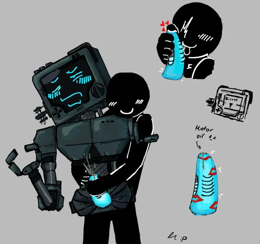 Image licking_penis,penis,handjob,precum,strap-on,robot,kiss_mark,robot_penis,glowing_genitalia,motor_oil,p03_(inscryption)