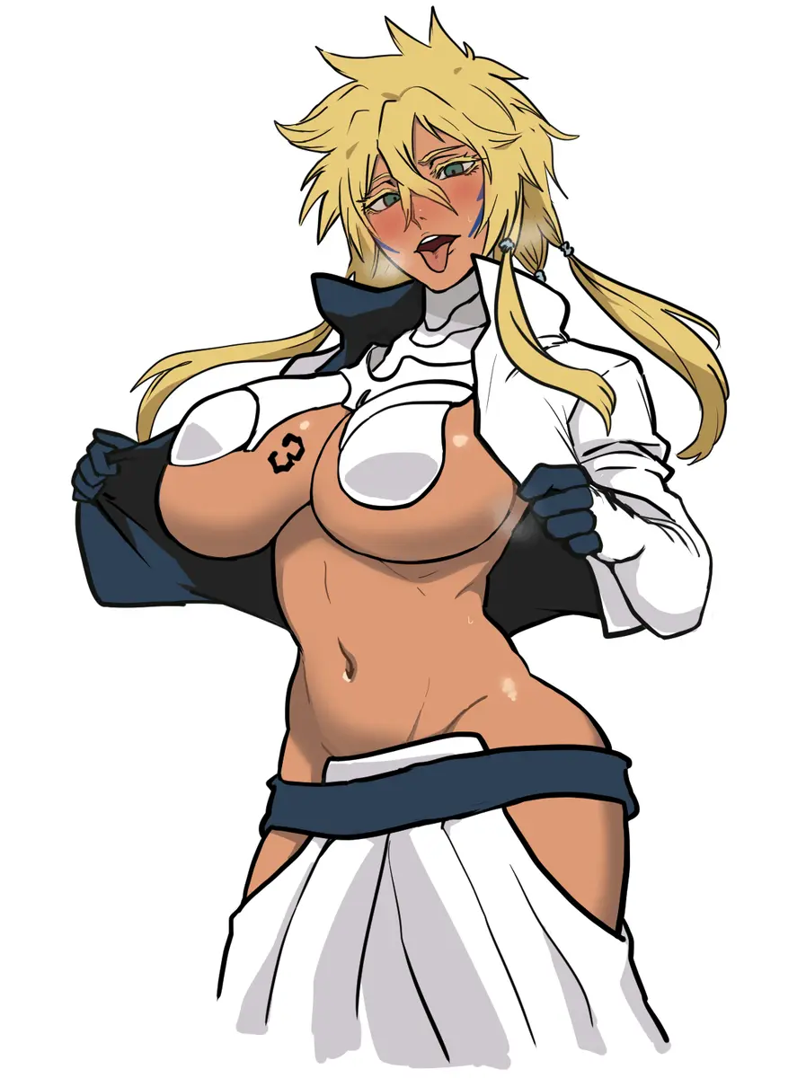 Image 1girls,big_breasts,blush,breasts,female,open_shirt,gloves,navel,tongue_out,thick_thighs,thighs,solo_focus,tattoo,blonde_hair,green_eyes,dark-skinned_female,hair_between_eyes,presenting,revealing_clothes,bleach,steam,barely_clothed,opening_shirt,ponytails,showing_off,tia_harribel,oeoeoe