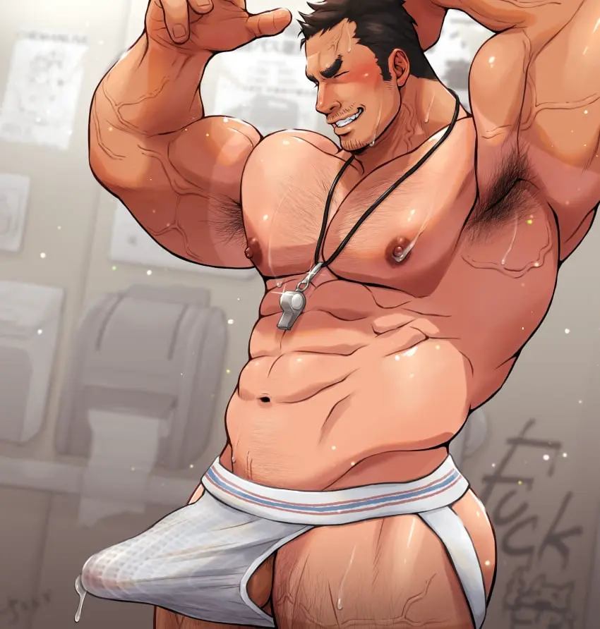 Image blush,hi_res,highres,nipples,1boy,male,penis,sweat,underwear,erection,muscular,muscular_male,male_only,yaoi,balls,bara,bulge,erection_under_clothes,male_nipples,penis_outline,genital_fluids,precum,precum_drip,sweating,2024,big_bulge,bulge_through_clothing,beard,daddy,armpit_hair,masculine_male,dilf,mature_male,beard_stubble,jockstrap,coach,muchiyukichan,precum_through_underwear