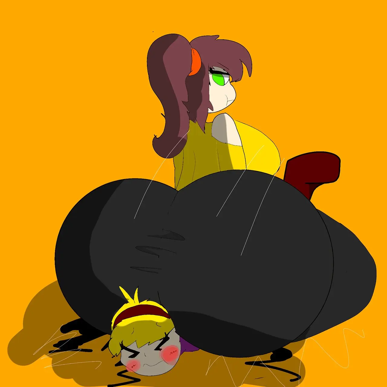 Image breasts,female,huge_ass,huge_breasts,green_eyes,brown_hair,sitting_on_person,yellow_hair,pouting,yellow_shirt,candy_nsfw4,nur_valmy,ground_shatter,odessa_valmy