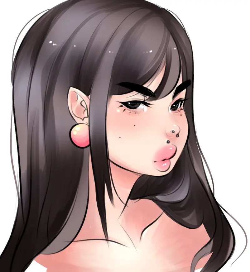 Image 1girls,female,female_only,human,long_hair,looking_at_viewer,solo,white_background,black_hair,nude,bedroom_eyes,earrings,seductive,freckles,digital_drawing_(artwork),digital_media_(artwork),eyelashes,solo_female,piercing,lips,artist_self-insert,portrait,nose_piercing,real_person,cheri_(cherrikissu),cherrikissu,self_portrait