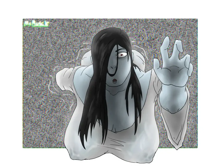 Image 1girls,breasts,female,female_only,long_hair,looking_at_viewer,nipples,red_eyes,huge_ass,huge_breasts,dark_hair,ghost,see-through_clothing,wet_shirt,blue_skin,the_ring,yamamura_sadako,coming_out_of_tv,onryo,ringu