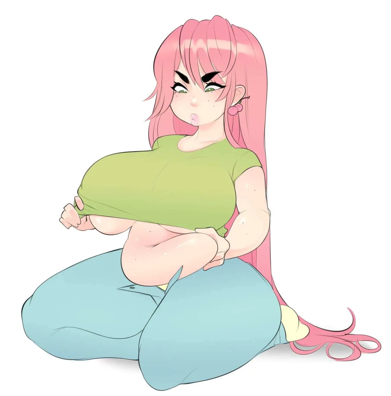 Image 1girls,big_breasts,breasts,female,female_only,human,long_hair,pants,shirt,solo,navel,earrings,voluptuous,freckles,belly,belly_button,digital_drawing_(artwork),digital_media_(artwork),solo_female,underboob,pink_hair,green_eyes,voluptuous_female,pinup,stomach,chubby,chubby_female,freckles_on_face,fully_clothed,artist_self-insert,blue_pants,dyed_hair,hand_on_belly,lifting_shirt,exposed_stomach,real_person,green_shirt,grabbing_stomach,hand_on_stomach,cheri_(cherrikissu),cherrikissu,self_portrait,cherry_earrings,inconvenient_belly,inconvenient_stomach,looking_at_belly,pinching_belly,self-portrait