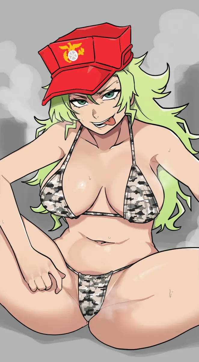 Image 1girls,big_breasts,breasts,female,looking_at_viewer,navel,sweat,tongue_out,bikini,bra,hat,thick_thighs,thighs,armpits,cleavage,sideboob,solo_focus,green_eyes,spread_legs,legs_apart,bleach,steam,side-tie_bikini,military,confident,camo_print,camouflage,oeoeoe,candice_catnipp