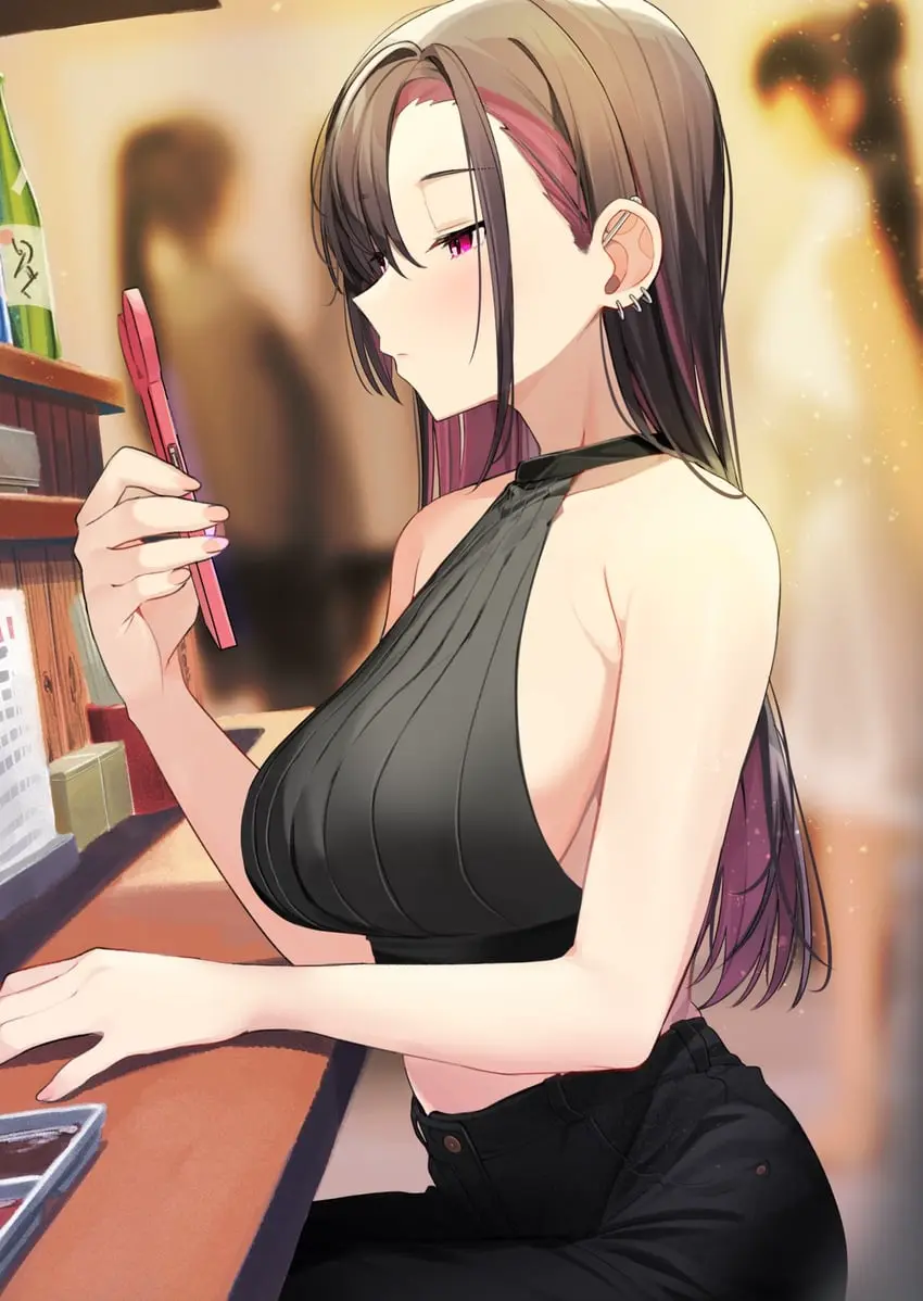 Image breasts,female,highres,large_breasts,long_hair,pants,red_eyes,red_hair,earrings,multicolored_hair,bare_shoulders,collarbone,jewelry,midriff,sideboob,solo_focus,pointy_nose,piercing,nail_polish,original,brown_hair,closed_mouth,upper_body,colored_inner_hair,sleeveless,two-tone_hair,ear_piercing,from_side,straight_hair,holding,sake_bottle,book,ribbed_sweater,sweater,table,holding_phone,phone,halterneck,blurry,blurry_background,crop_top,denim,jeans,looking_at_phone,black_pants,bare_arms,bottle,asymmetrical_bangs,bad_id,alcohol,bored,backless_outfit,light_particles,cropped_sweater,sleeveless_sweater,hair_strand,restaurant,bad_twitter_id,long-haired_girl_(motto_notto),motto_notto