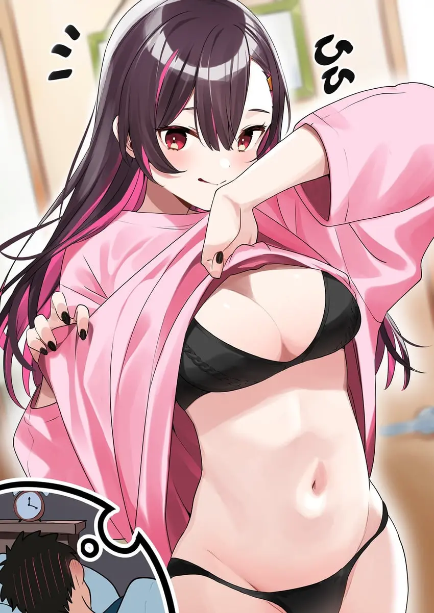 Image blush,breasts,female,hair_ornament,highres,long_hair,looking_at_viewer,red_eyes,smile,1boy,black_hair,male,navel,red_hair,bra,panties,underwear,headphones,smiling_at_viewer,nail_polish,original,indoors,black_panties,clothes_lift,stomach,sweater,black_nails,blurry,blurry_background,sleeping,groin,black_bra,bad_id,sweater_lift,dreaming,bad_twitter_id,pink_sweater,long-haired_girl_(motto_notto),motto_notto