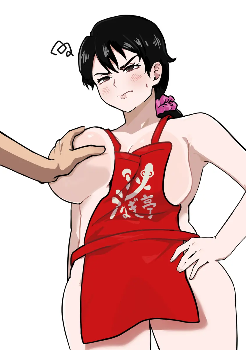 Image 1girls,big_breasts,breasts,brown_eyes,female,hair_ornament,black_hair,nude,thick_thighs,thighs,ponytail,milf,sideboob,naked,hand_on_hip,breast_grab,apron,bleach,angry,groping,annoyed,one_breast_out,apron_only,offscreen_character,grabbing_breasts,ikumi_unagiya,oeoeoe