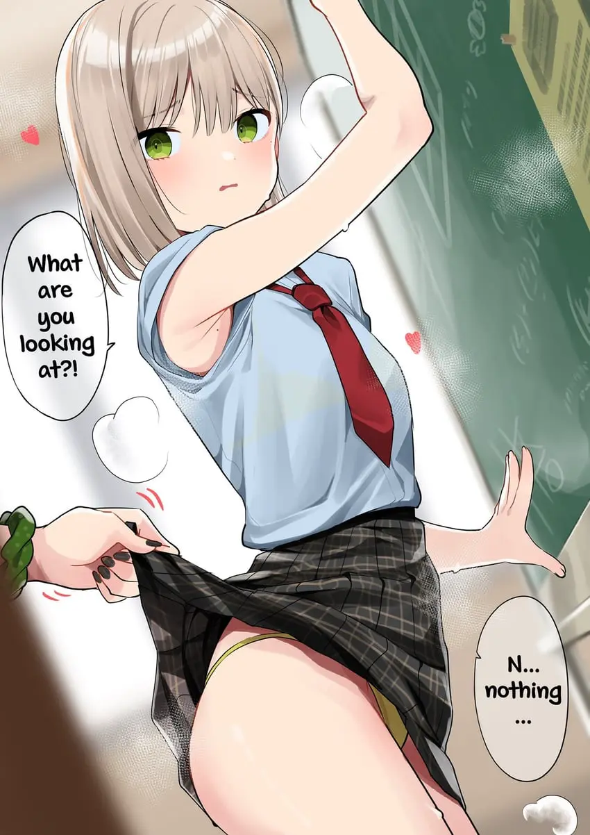 Image blush,cowboy_shot,female,highres,shirt,2girls,multiple_girls,sweat,panties,underwear,dutch_angle,solo_focus,blonde_hair,original,mole,medium_hair,indoors,mole_under_eye,skirt,scrunchie,wrist_scrunchie,pleated_skirt,from_side,heart,english_text,necktie,speech_bubble,yellow_panties,chalkboard,classroom,black_skirt,bad_id,red_necktie,assisted_exposure,grey_shirt,green_panties,plaid,plaid_skirt,bad_twitter_id,haruka_(motto_notto),motto_notto,green_scrunchie,mole_on_armpit