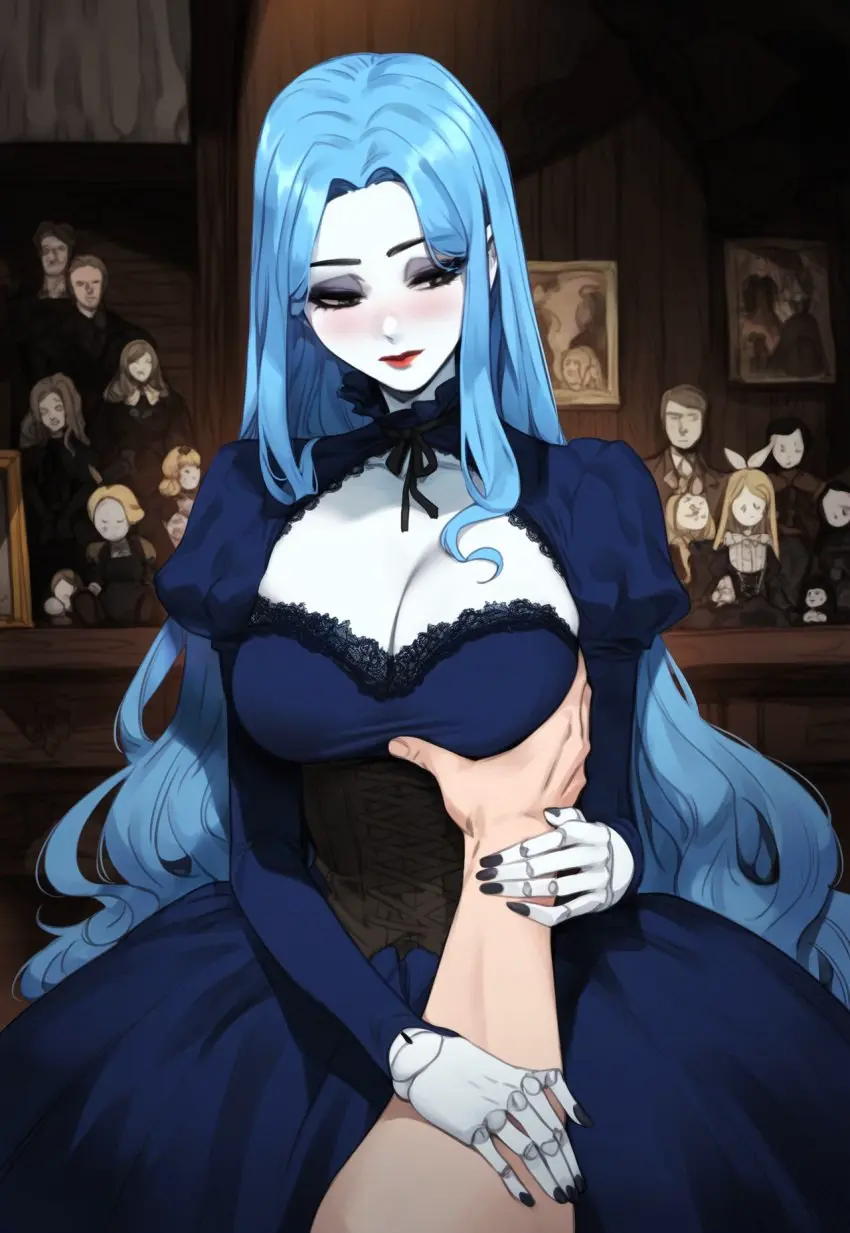 Image breasts,female,blue_hair,ai_generated,original,original_character,breast_grab,groping,doll,doll_joints,groping_breast,fantasy,guided_breast_grab,living_doll,pumpkinseed