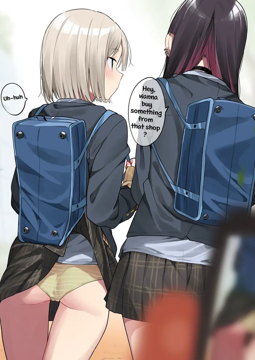 Image blush,female,highres,long_hair,long_sleeves,shirt,simple_background,2girls,black_hair,multiple_girls,choker,red_hair,panties,underwear,ass,earrings,jewelry,from_behind,thigh_gap,piercing,blonde_hair,original,medium_hair,cameltoe,miniskirt,skirt,closed_mouth,looking_at_another,pleated_skirt,black_choker,ear_piercing,jacket,clothes_lift,english_text,grey_background,striped_panties,speech_bubble,yellow_panties,phone,skirt_lift,blurry,black_skirt,bad_id,black_jacket,bag,taking_picture,pulling,striped_clothes,accidental_exposure,grey_shirt,orange_panties,blurry_foreground,cellphone_photo,bad_twitter_id,haruka_(motto_notto),long-haired_girl_(motto_notto),motto_notto,blue_bag,school_bag,skirt_caught_on_object,strap_pull