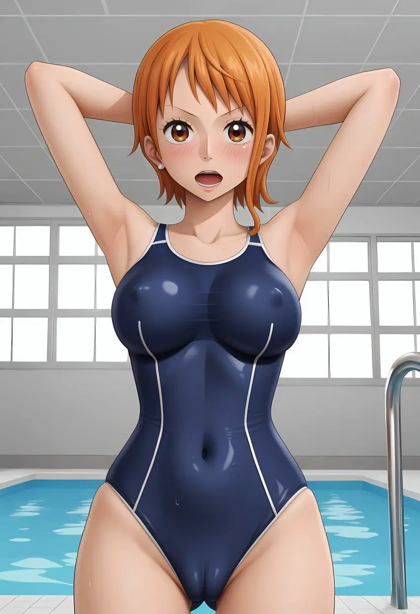 Image female,female_only,one_piece,armpits,ai_generated,nami_(one_piece),shiroppo,one-piece_swimsuit,swimsuit,swimwear,pre-timeskip