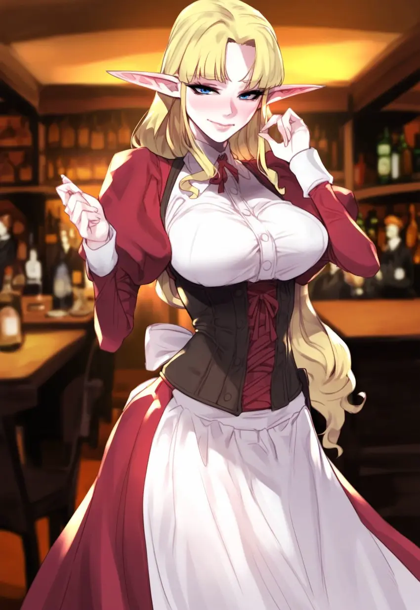 Image female,ai_generated,blonde_hair,dress,elf,original,original_character,tavern,ai_hands,fantasy,pumpkinseed,tavern_wench