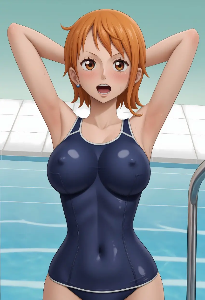 Image female,female_only,one_piece,armpits,ai_generated,nami_(one_piece),shiroppo,one-piece_swimsuit,swimsuit,swimwear,pre-timeskip