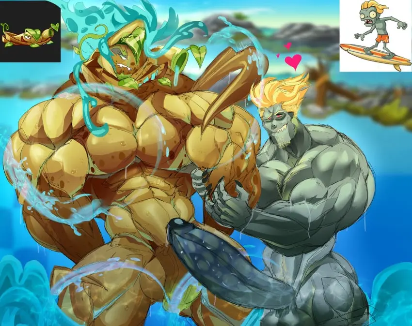 Image breasts,clothing,male,nude,penis,big_penis,duo,erection,humanoid,biting_lip,muscular,male_only,yaoi,balls,huge_cock,size_difference,huge_breasts,anthro,nude_male,blonde_hair,naked,wet,gay,bara,genitals,grabbing,huge_balls,angry,hyper_penis,anthrofied,abs,plant,hyper,horny,zombie,plant_humanoid,plants_vs_zombies,plants_vs_zombies_2:_it's_about_time,vines,asolchan,aqua_vines,bicep_grab,observing,surfer_zombie