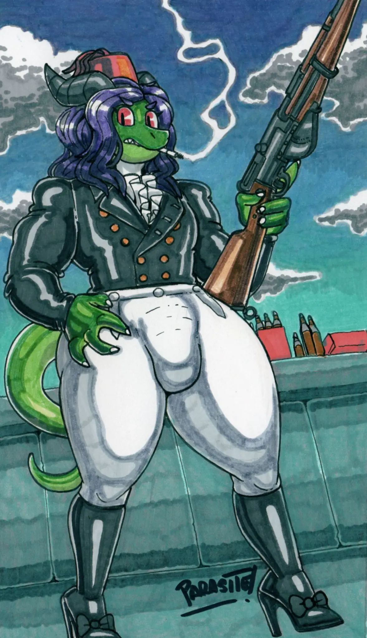 Image 2023,long_hair,red_eyes,1boy,male,tail,thick_thighs,horns,male_only,digital_media_(artwork),anthro,purple_hair,hand_on_hip,bulge,heels,high_heels,big_thighs,green_body,reptile,signature,annoyed,reptile_humanoid,blue_sky,bulge_through_clothing,cigarette,annoyed_expression,clouds,hand_on_thigh,graphite_(artwork),marker_(artwork),parasitedeath,gun,fancy_clothing,rifle,hand_on_side,lightfeather,bar_counter,bow_on_heels,bowtie_on_heels
