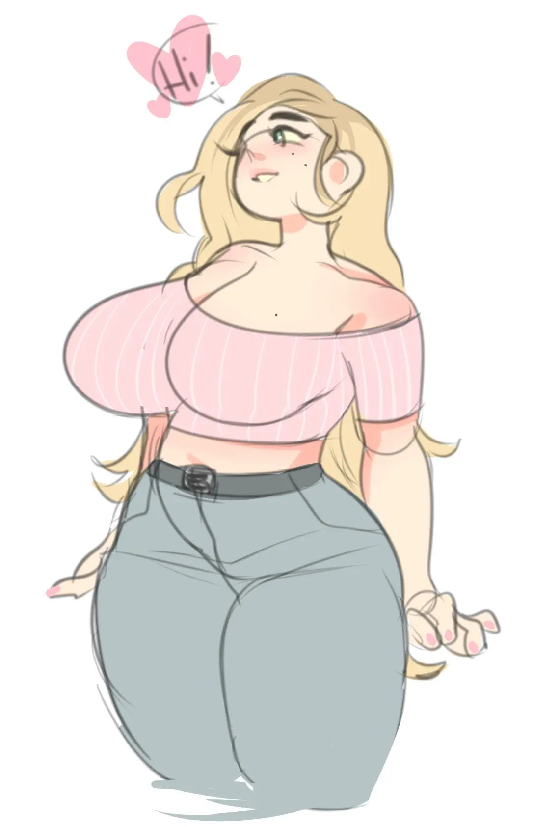 Image 1girls,big_breasts,breasts,female,female_only,human,long_hair,solo,standing,navel,panties,voluptuous,freckles,wide_hips,smiling,hips,belly,belly_button,digital_drawing_(artwork),digital_media_(artwork),happy,solo_female,blonde_hair,wink,voluptuous_female,posing,cute,dialogue,heart,belt,colored_sketch,english_text,full_body,artist_self-insert,blue_pants,winking,pink_bra,real_person,cheri_(cherrikissu),cherrikissu,self_portrait,small_shirt