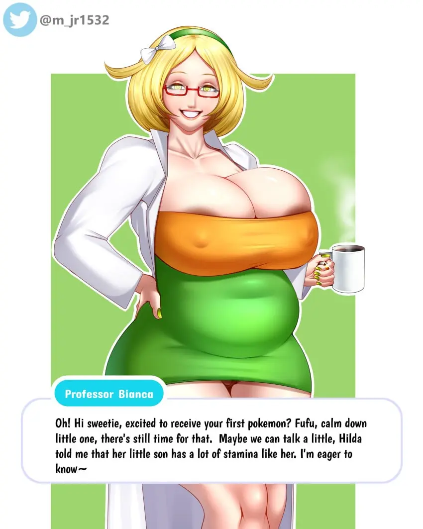 Image 1girls,big_breasts,breasts,female,female_only,large_breasts,smile,solo,pokemon,pussy,thighs,voluptuous,milf,areolae,vagina,cleavage,pregnant,solo_female,eyewear,glasses,hair,huge_breasts,text,aged_up,blonde_hair,lips,nail_polish,alternate_version_available,mature_female,hand_on_hip,holding_object,english_text,mature,text_box,nipple_bulge,topwear,nails,labcoat,areola_slip,plump,green_nails,english,bottomwear,game_freak,lab_coat,pokemon_bw,coat,tubetop,coffee,coffee_mug,mug,bianca_(pokemon),green_nail_polish,m_jr_art