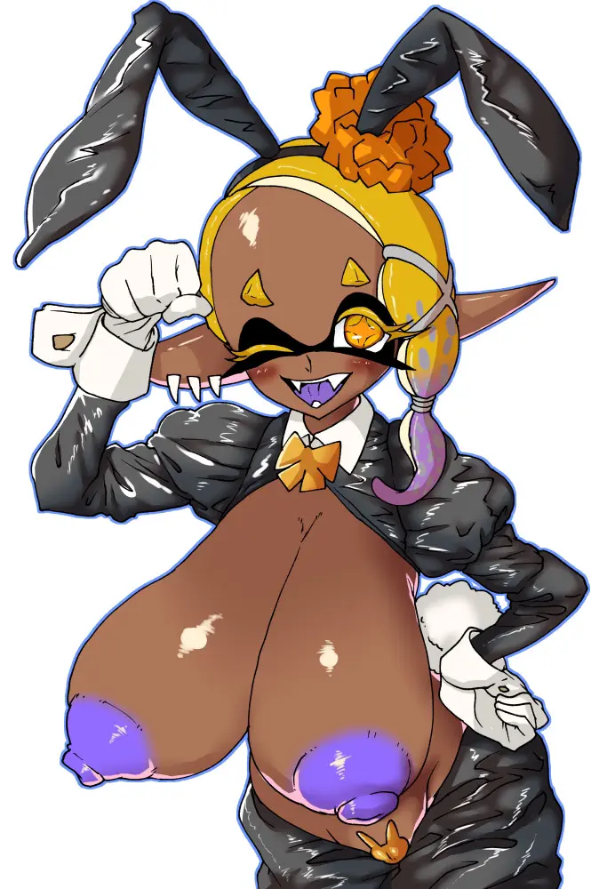 Image 1girls,big_breasts,breasts,clothing,female,female_only,hi_res,looking_at_viewer,nipples,yellow_eyes,humanoid,dark_skin,areola,blonde_hair,purple_hair,nintendo,latex,alternate_breast_size,ear_piercing,bunnysuit,fish,splatoon,splatoon_(series),splatoon_3,necktie,brown_body,costume,reverse_bunny_costume,inkling,reverse_bunnysuit,pupils,fake_ears,fake_rabbit_ears,brown_areola,brown_nipples,unusual_pupils,bow_tie,frye_(splatoon),lovelasu