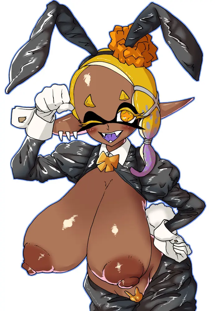 Image 1girls,big_breasts,breasts,clothing,female,female_only,hi_res,looking_at_viewer,nipples,yellow_eyes,humanoid,dark_skin,areola,blonde_hair,purple_hair,nintendo,latex,alternate_breast_size,ear_piercing,bunnysuit,fish,splatoon,splatoon_(series),splatoon_3,necktie,brown_body,costume,reverse_bunny_costume,inkling,reverse_bunnysuit,pupils,fake_ears,fake_rabbit_ears,brown_areola,brown_nipples,unusual_pupils,bow_tie,frye_(splatoon),lovelasu