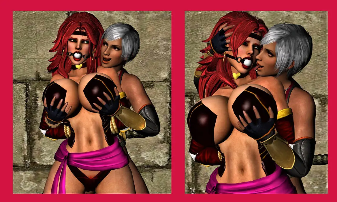 Image female,2girls,multiple_girls,tongue_out,bound,groping_breasts,gagged_female,red_monika,tongue_on_face