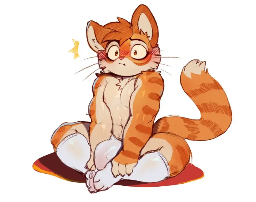 Image blush,clothing,hi_res,simple_background,solo,male,tail,underwear,muscular,muscular_male,male_only,anthro,shocked,socks,bulge,footwear,fur,mammal,orange_body,feline,tuft,orange_fur,felid,stripes,striped_body,facial_tuft,cheek_tuft,lackadaisy,calvin_mcmurray,cydonia_xia,freckle_mcmurray