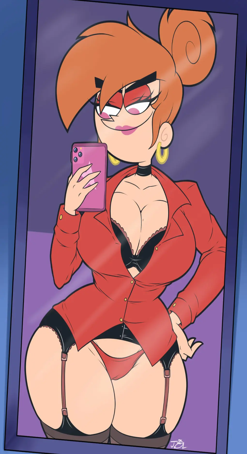 Image 1girls,breasts,female,large_breasts,red_hair,bra,earrings,hoop_earrings,cleavage,huge_breasts,aged_up,pink_eyes,stockings,slim_waist,lipstick,garter_belt,hair_bun,garter_straps,red_panties,office_lady,pink_lipstick,nickelodeon,suit,mirror_selfie,red_eyeshadow,the_fairly_oddparents,vicky_(fairly_odd_parents)