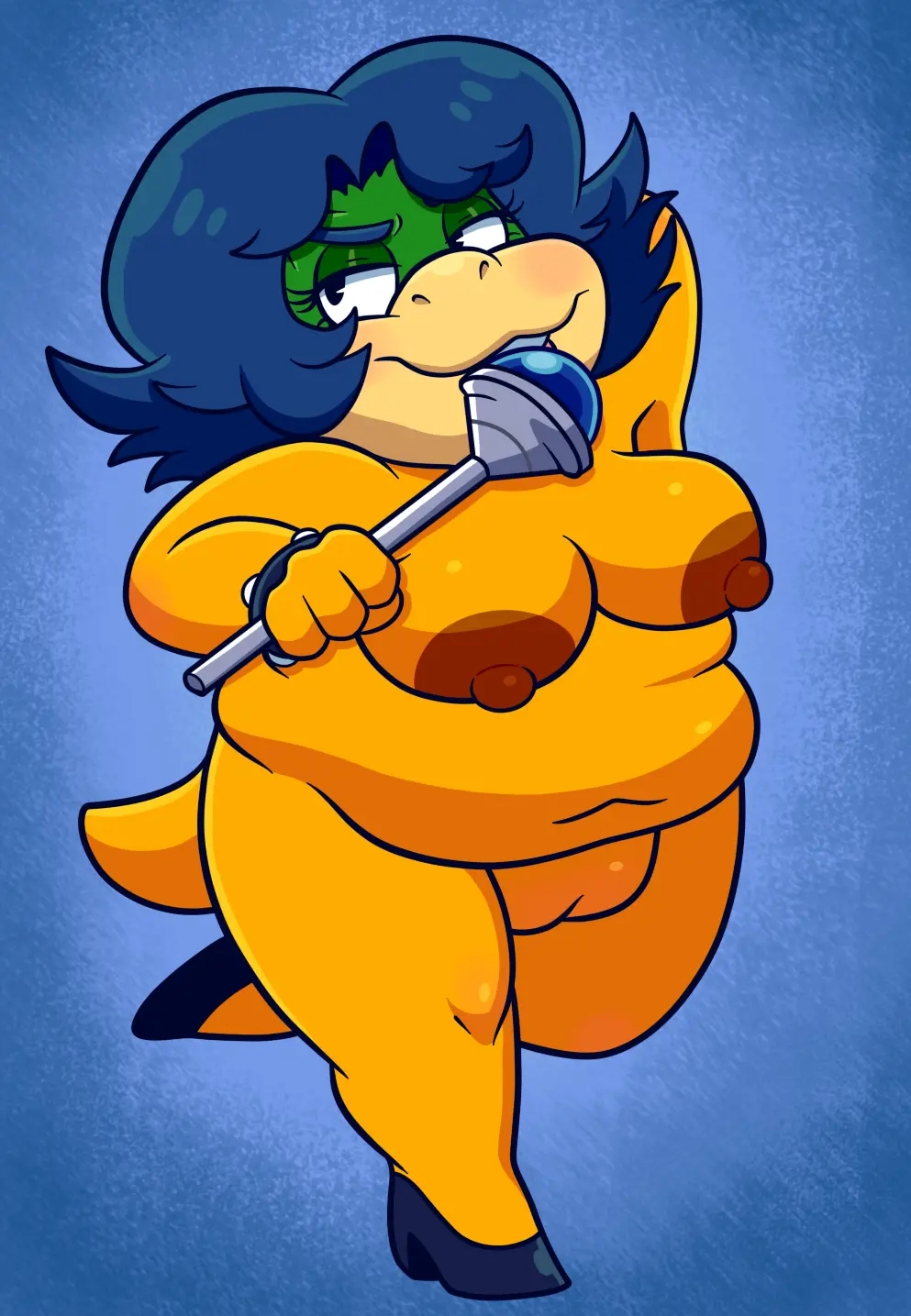 Image breasts,clothing,female,hi_res,nipples,solo,blue_hair,nude,pussy,areola,hair,anthro,mario_(series),nintendo,footwear,genitals,scalie,overweight,overweight_female,shoes,rule_63,mostly_nude,koopa,armband,footwear_only,wand,shoes_only,koopaling,ludwig_von_koopa,overbite,shell-less,sinribbons