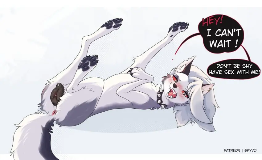 Image blush,female,hi_res,looking_at_viewer,simple_background,solo,pussy,lying,on_back,anus,mythology,demon,collar,canid,canine,canis,genitals,mammal,wolf,paws,speech_bubble,blush_lines,animal_genitalia,mythological_canine,mythological_creature,canid_demon,hellhound,helluva_boss,loona_(helluva_boss),feral,pawpads,canine_pussy,food,cookie,skyvo