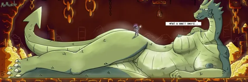Image 1girls,breasts,female,1boy,male,nude,gold_(metal),size_difference,anthro,green_skin,non-mammal_breasts,green_scales,scales,detailed_background,treasure,knight,anthro_dragon,deepest_sword,long_the_dragon,pile_of_gold