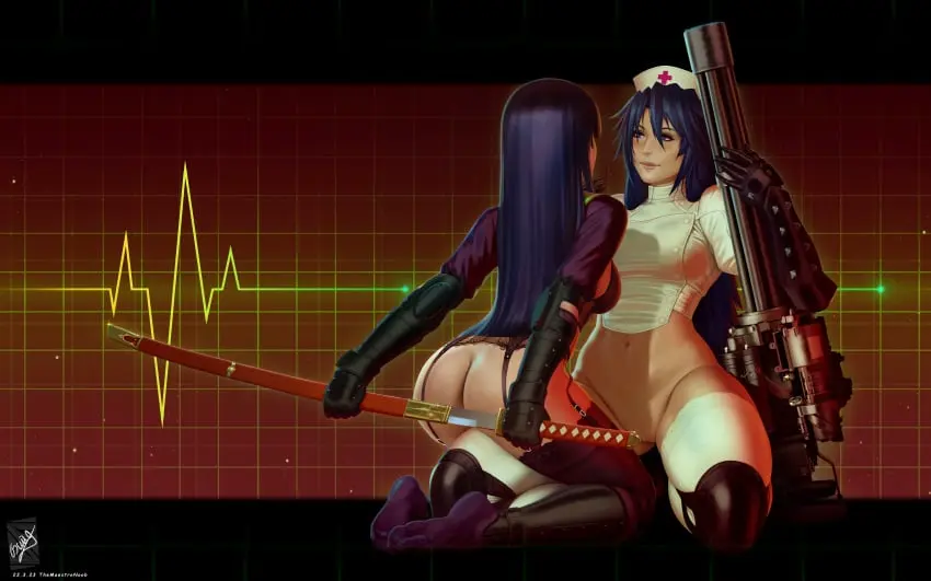 Image female,2girls,multiple_girls,bottomless,legwear,garter_belt,sitting_on_lap,sword,garter_straps,gun,katana,nurse,highschool_of_the_dead,saeko_busujima,themaestronoob,hitsugi_sayo,triage_x,minigun