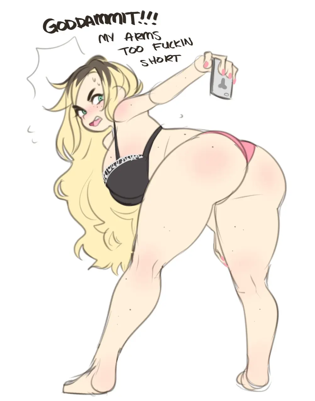 Image 1girls,big_breasts,breasts,female,female_only,human,long_hair,solo,sweat,bra,panties,ass,voluptuous,freckles,digital_drawing_(artwork),digital_media_(artwork),solo_female,blonde_hair,voluptuous_female,pink_fingernails,dialogue,selfie,english_text,annoyed,pink_nails,holding_phone,phone,artist_self-insert,pink_panties,annoyed_expression,black_bra,frustrated,humor,real_person,cheri_(cherrikissu),cherrikissu,self_portrait,pink_fingernail_polish