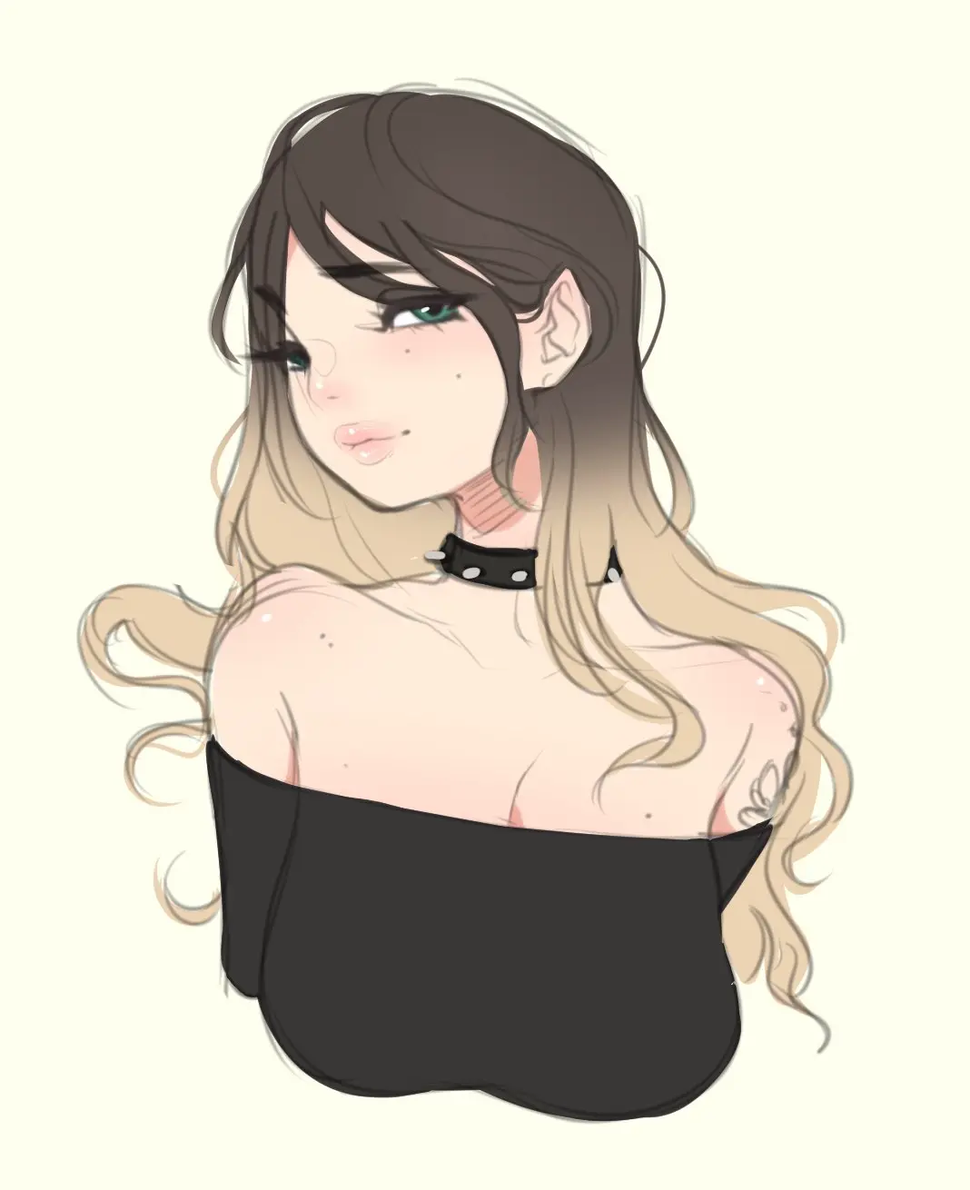 Image 1girls,big_breasts,breasts,female,female_only,human,long_hair,looking_at_viewer,smile,solo,freckles,smiling_at_viewer,cleavage,happy,solo_female,tattoo,tattoo_on_arm,blonde_hair,lips,cute,artist_self-insert,spiked_collar,real_person,cheri_(cherrikissu),cherrikissu,self_portrait