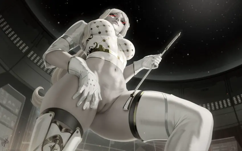Image female,gold_trim,blonde_hair,from_below,legwear,viewed_from_below,nier:_automata,whip,themaestronoob,yorha_commander