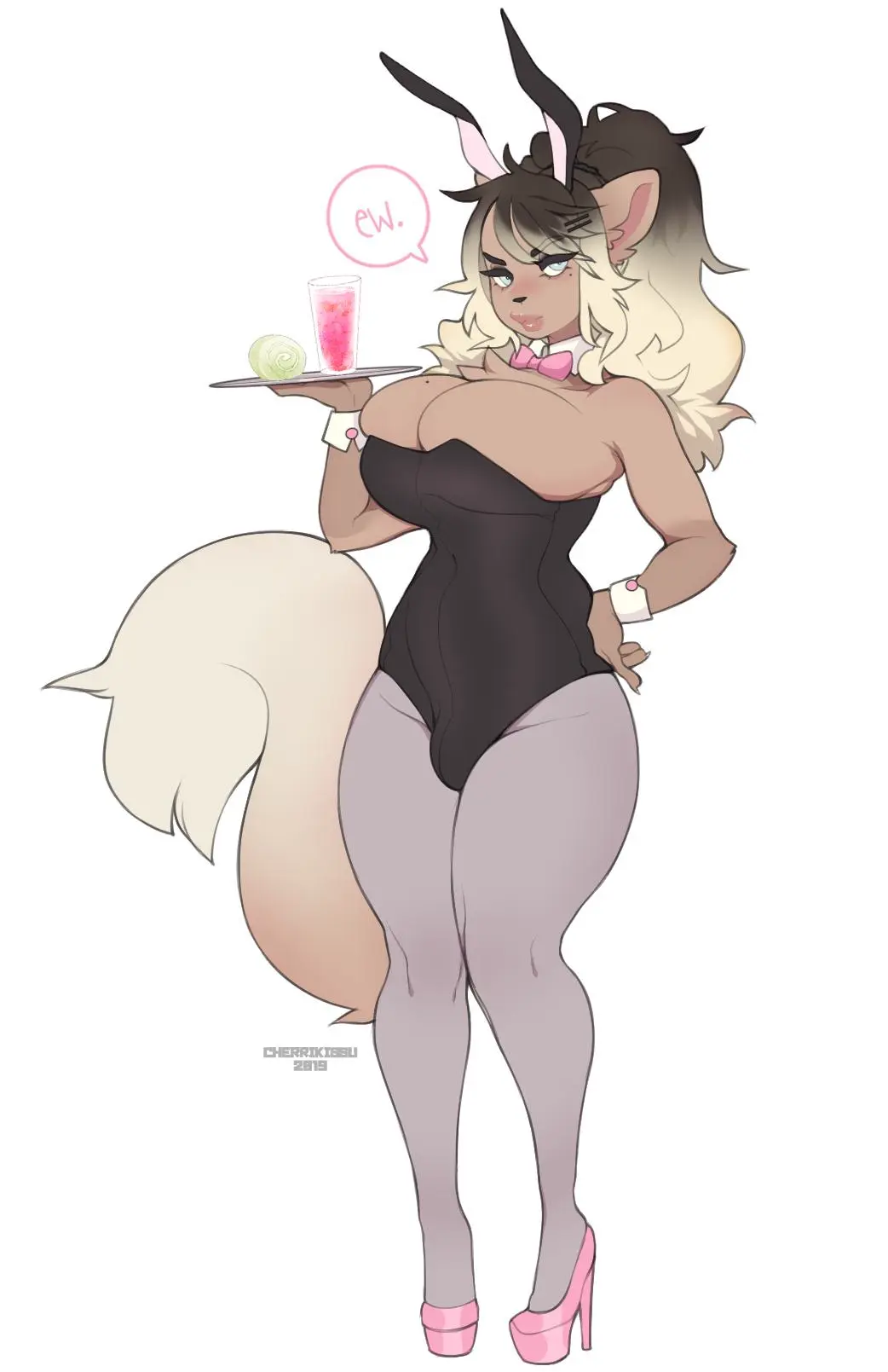Image 1girls,big_breasts,bow,breasts,female,female_only,looking_at_viewer,solo,white_background,1boy,blue_eyes,male,voluptuous,cat_girl,femboy,sissy,cleavage,digital_drawing_(artwork),digital_media_(artwork),solo_female,anthro,text,blonde_hair,voluptuous_female,lips,posing,brown_hair,bunny_ears,2019,bulge,heels,dialogue,english_text,bunnysuit,feline,solo_male,full_body,fluffy,fluffy_tail,artist_self-insert,beverage,drink,plate,bimbofication,holding_beverage,alternate_species,pink_bow,pink_heels,black_suit,real_person,pink_necktie,cheri_(cherrikissu),cherrikissu,self_portrait,neck_bow