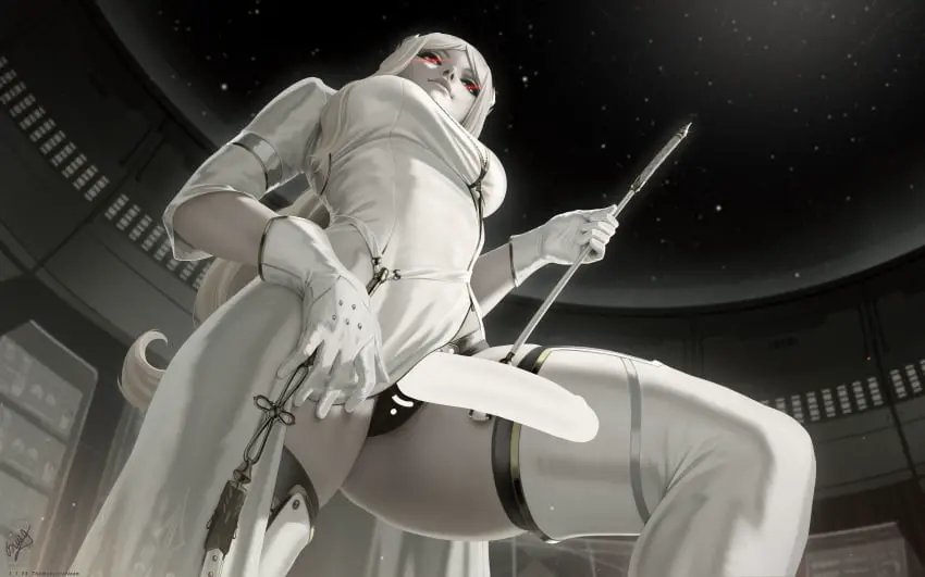 Image female,gold_trim,blonde_hair,strap-on,from_below,legwear,nier:_automata,whip,themaestronoob,yorha_commander