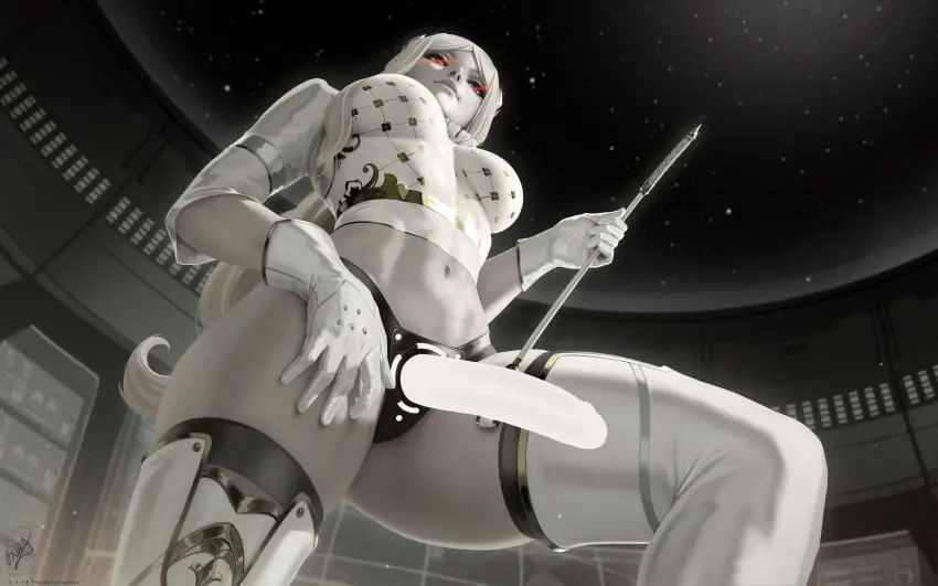 Image female,gold_trim,blonde_hair,strap-on,from_below,legwear,nier:_automata,whip,themaestronoob,yorha_commander