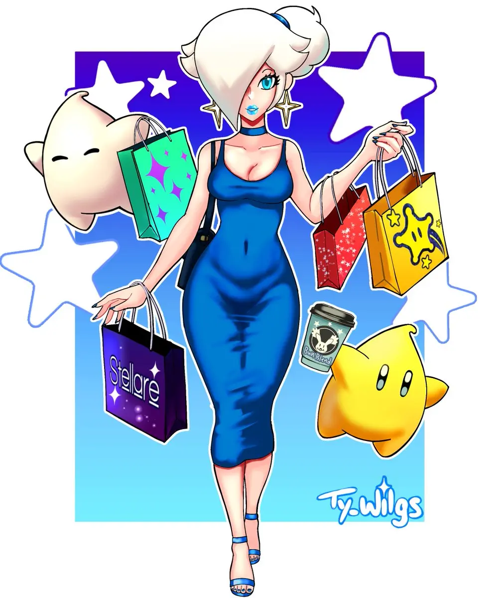 Image 1girls,female,light-skinned_female,light_skin,blue_eyes,choker,earrings,artist_name,cleavage,blonde_hair,curvy,mario_(series),nintendo,bimbo,open_toe_shoes,tight_clothing,stars,painted_nails,blue_dress,tight_dress,purse,blue_lipstick,painted_fingernails,super_mario_galaxy,princess_rosalina,coffee,shopping_bag,platinum_blonde_hair,painted_toenails,shopping,luma,ty_wilgs