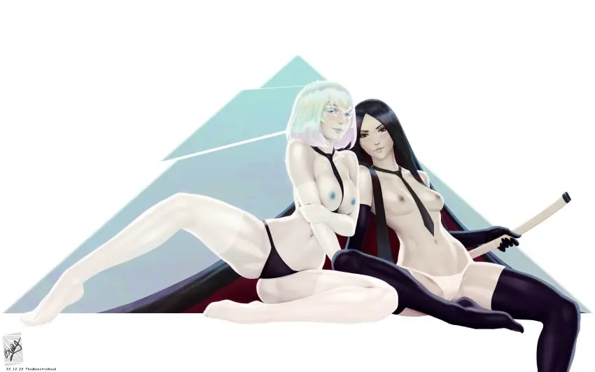 Image breasts,female,light_skin,looking_at_viewer,2girls,black_hair,blue_hair,multiple_girls,shiny_hair,themaestronoob,leaning_on_person,female_torso,bort_(land_of_the_lustrous),diamond_(land_of_the_lustrous),land_of_the_lustrous